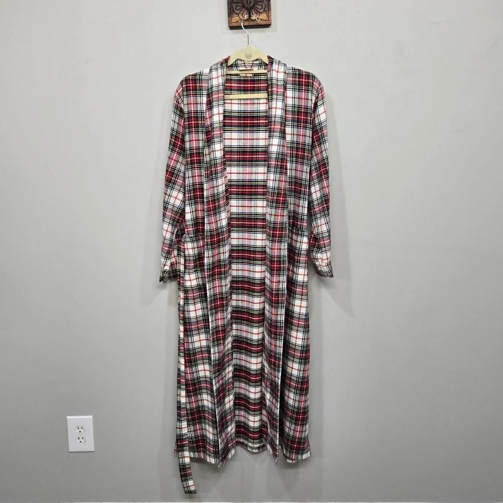 L.L. Bean Flannel Robe‎ Men Medium Red Tartan Plaid Loungewear Cabin Long Modest